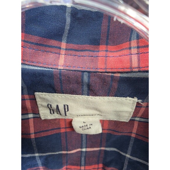 GAP Shirt Mens L Red Blue Check 100% Cotton Flannel Twill Standard Fit Button Up - Picture 2 of 6